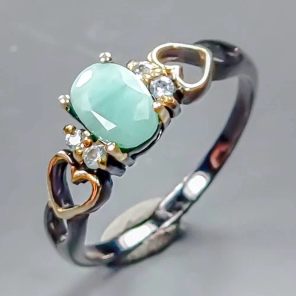 Natural Zambian Emerald side Heart 14K Gold & 925 Sterling Silver Ring Size 7